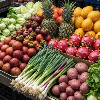 Vibrant fresh food market stall with exotic fruits