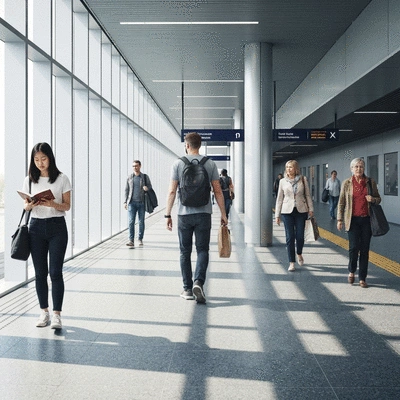 Modern train station interior with commuters, Box Hill, Melbourne, no text, no words, no typography, 8K, natural lighting