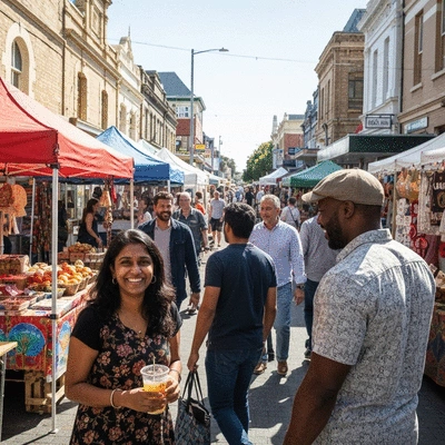 Diverse group of people enjoying a vibrant market street in Box Hill, with food stalls and shops in the background