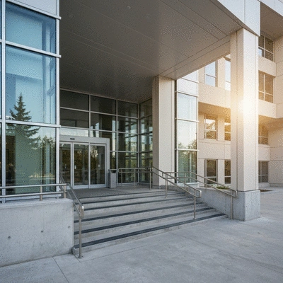 Clean modern hospital building entrance with accessible ramp