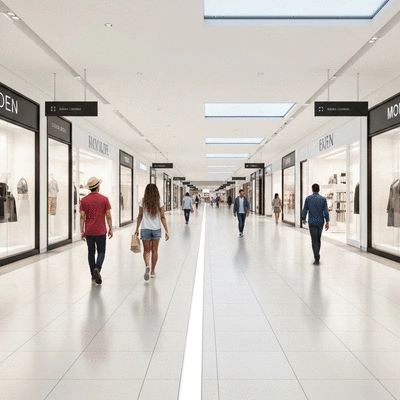 Wide shot of a clean, modern shopping aisle in Box Hill Central with diverse shoppers
