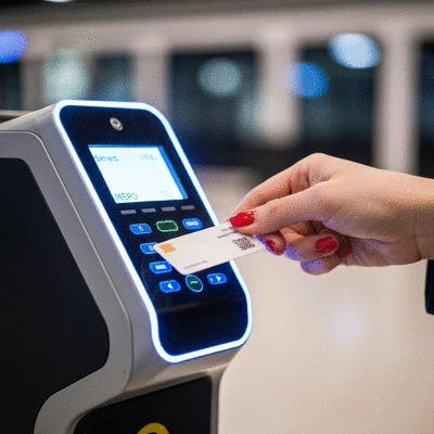 Person tapping a public transport card on a reader