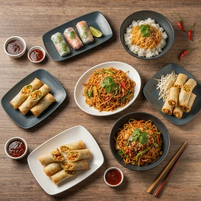 Assortment of colorful Asian street food dishes on a rustic wooden table
