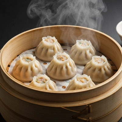 Authentic Asian dumplings served in a steaming bamboo basket