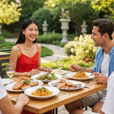 People sharing a meal and laughing in a lively, modern restaurant in Box Hill