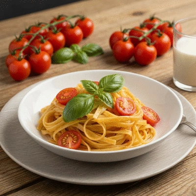 Delicious gourmet pasta dish with fresh basil and tomatoes in a rustic setting