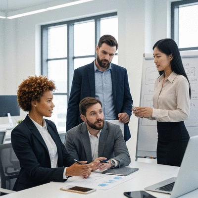 Diverse group of professionals collaborating on a business project in a modern, well-lit office, clean image, no text, no words, no typography