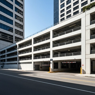 Modern multi-level parking garage entrance with clean signage and bright lighting