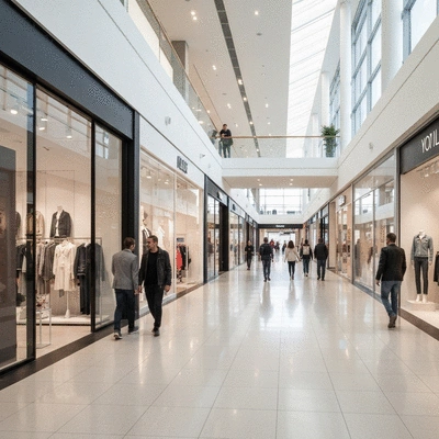 Modern shopping center interior with people shopping, bright and clean, no text, no words, no typography, no labels, clean image