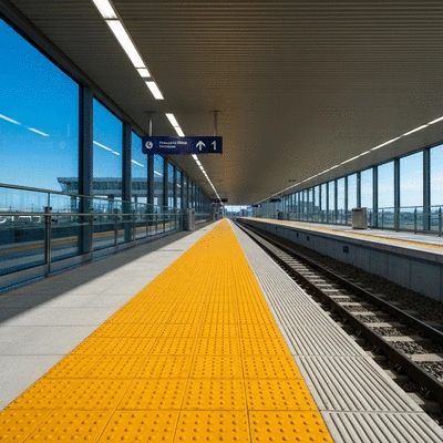 A clean modern train station platform with yellow safety lines and accessibility signage