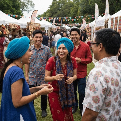 Diverse group of people enjoying a community cultural festival, vibrant colors, food stalls, traditional decorations