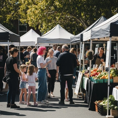 Diverse group of people enjoying a community market in Box Hill, vibrant atmosphere, no text, no words, no typography, 8K, natural lighting