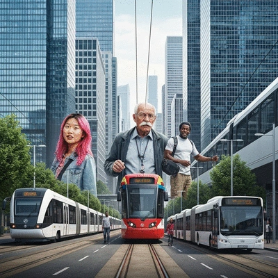 People using public transport, including trains, trams, and buses, in a modern urban setting, no text, no words, no typography
