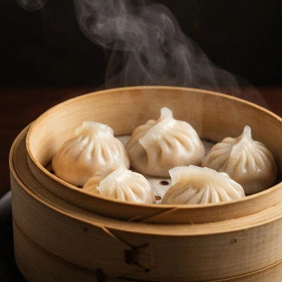 Close up of steaming handmade dumplings in a bamboo basket