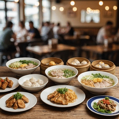 Diverse array of Asian dishes on a table in a bustling restaurant setting