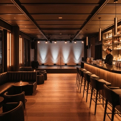 Modern interior of a stylish lounge venue with musical instruments on a small stage