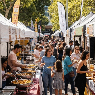 People enjoying diverse food at an outdoor food festival, bright atmosphere, various food stalls