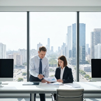 Professional colleagues discussing financial documents in a modern office with city views, no text, no words, no typography, clean image