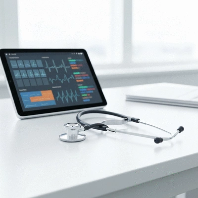 Modern stethoscope and digital tablet on a clean medical desk