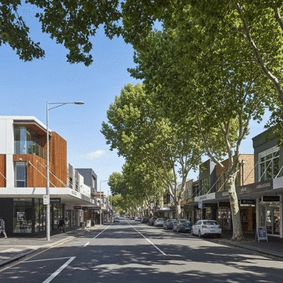 Sunny street view of Box Hill shopping district