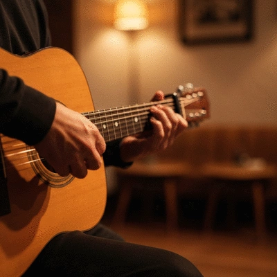 Close up of an acoustic guitar player performing on a small stage
