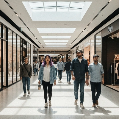 Modern shopping center interior with diverse crowd