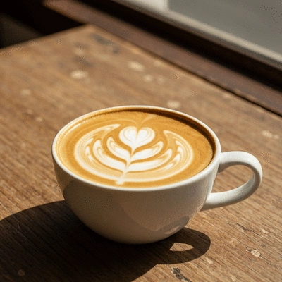 Artisan latte art in a white ceramic cup on a wooden cafe table