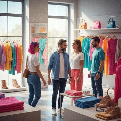 Diverse shoppers exploring a vibrant clothing store with various fashion items