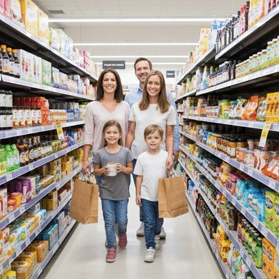 Happy family with children shopping in a bright, clean Box Hill Central aisle