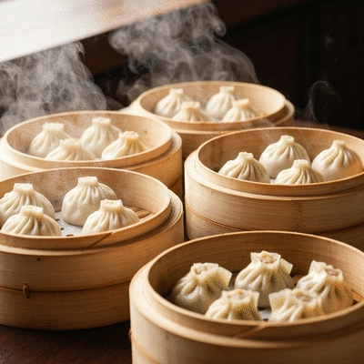 Traditional Chinese dumplings served in a bamboo steamer