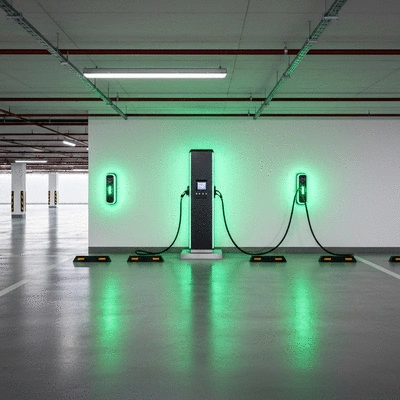 Electric vehicle charging station in a modern parking bay with clean white walls and green floor markings