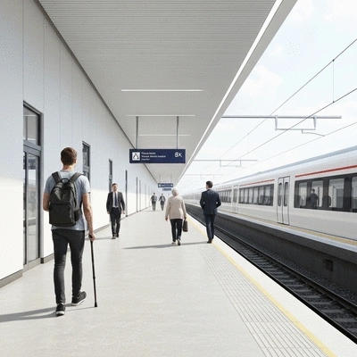 Modern train station platform with people walking, bright and clean, no text, no words, no typography