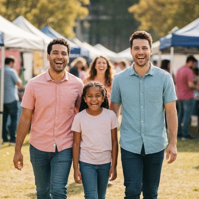 Happy family enjoying a sunny day at a community festival