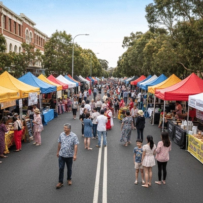 People enjoying a community event or festival in Box Hill, with food and cultural displays