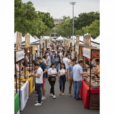 People enjoying a vibrant food festival or market with diverse food stalls
