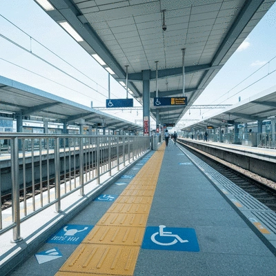 Modern urban train station with clear accessibility signage and tactile paving