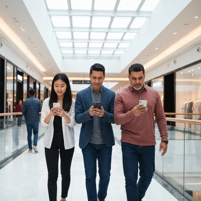 People checking their phones for directions in a modern shopping mall, clean and well-lit, no text, no words, no typography, no labels, clean image